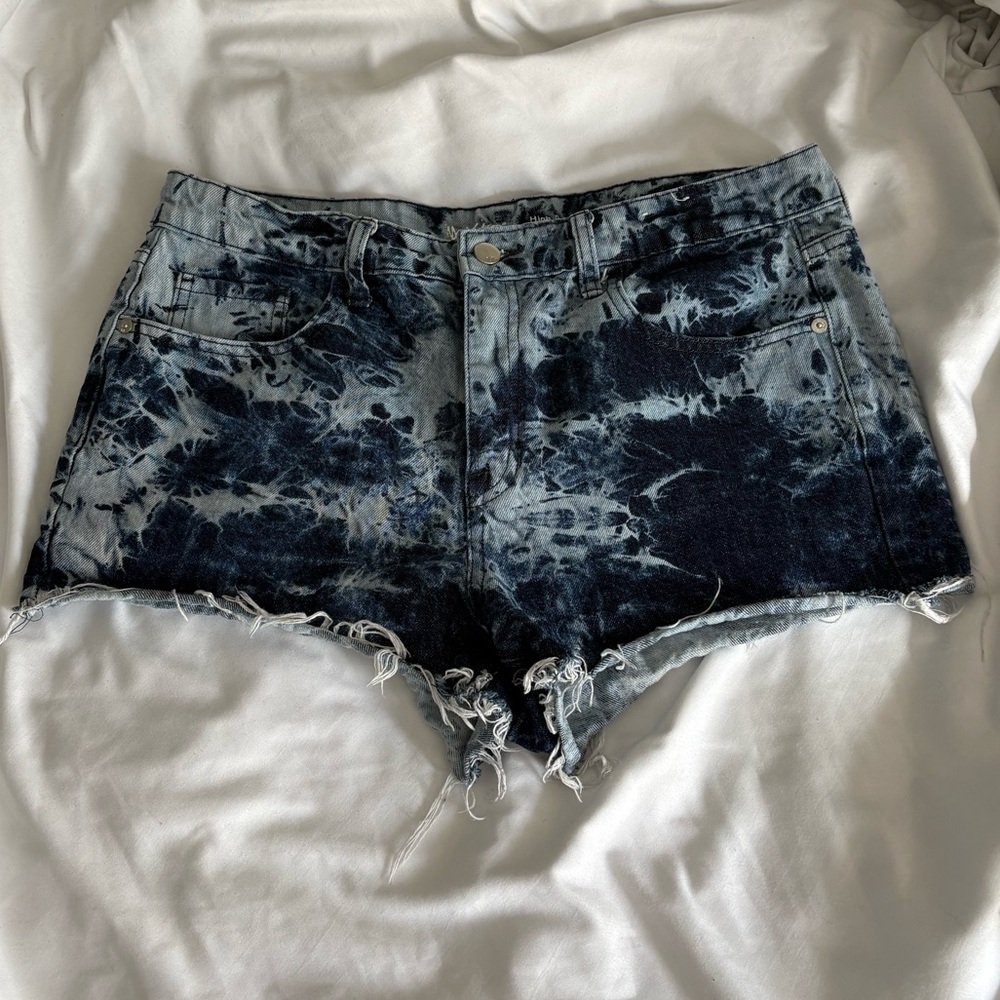 High-Rise Blue Acid Wash Denim Cutoff Short Shorts